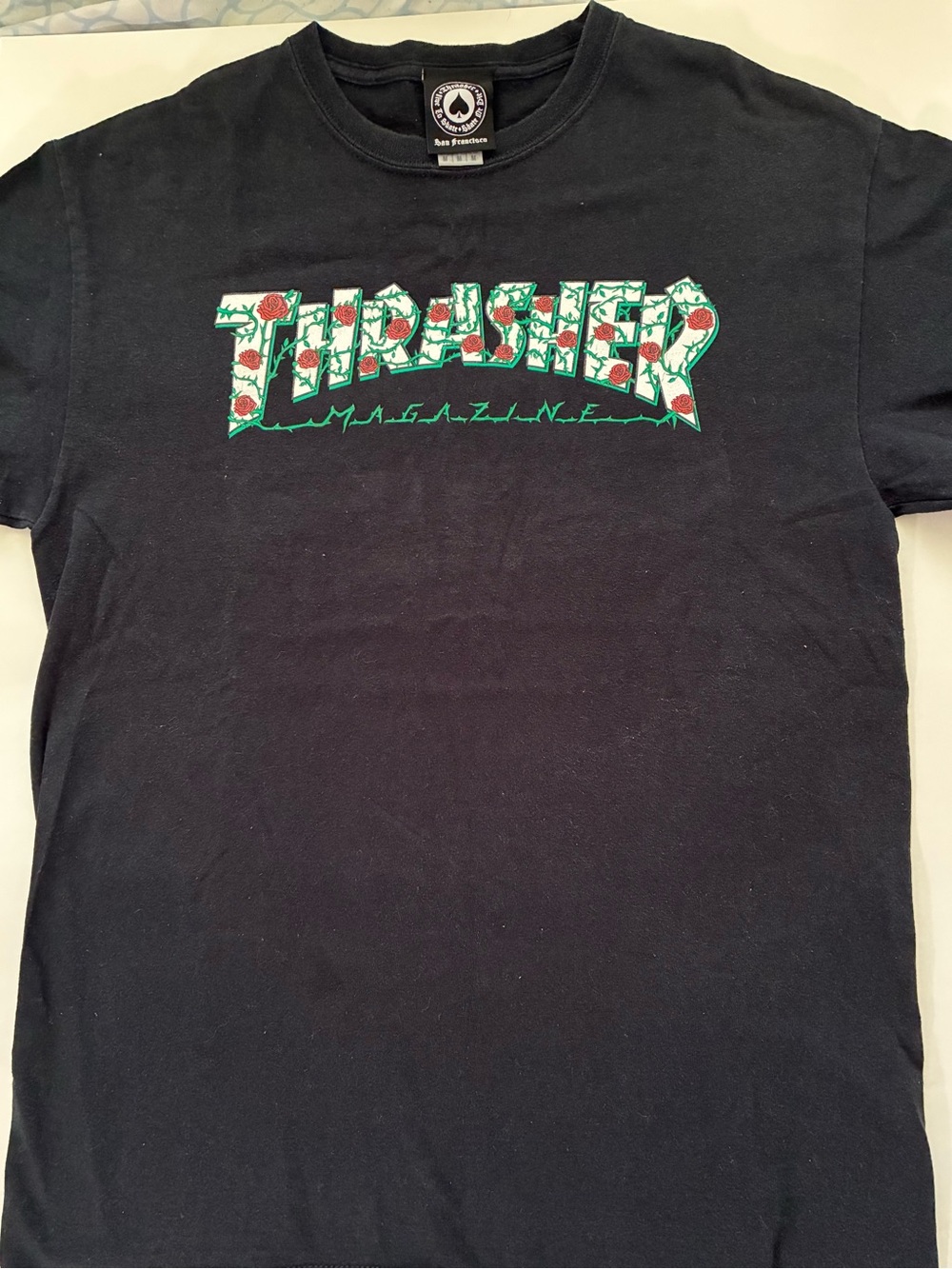 Thrasher Black Tee with Green and Red Rose Logo